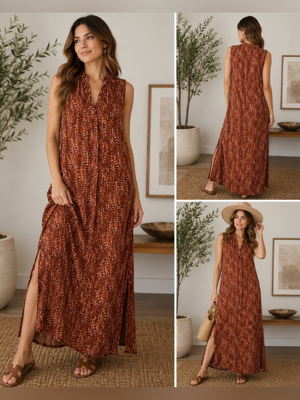 Bella Dahl Rust Animal Print Sleeveless Maxi Dress Rayon Size Medium